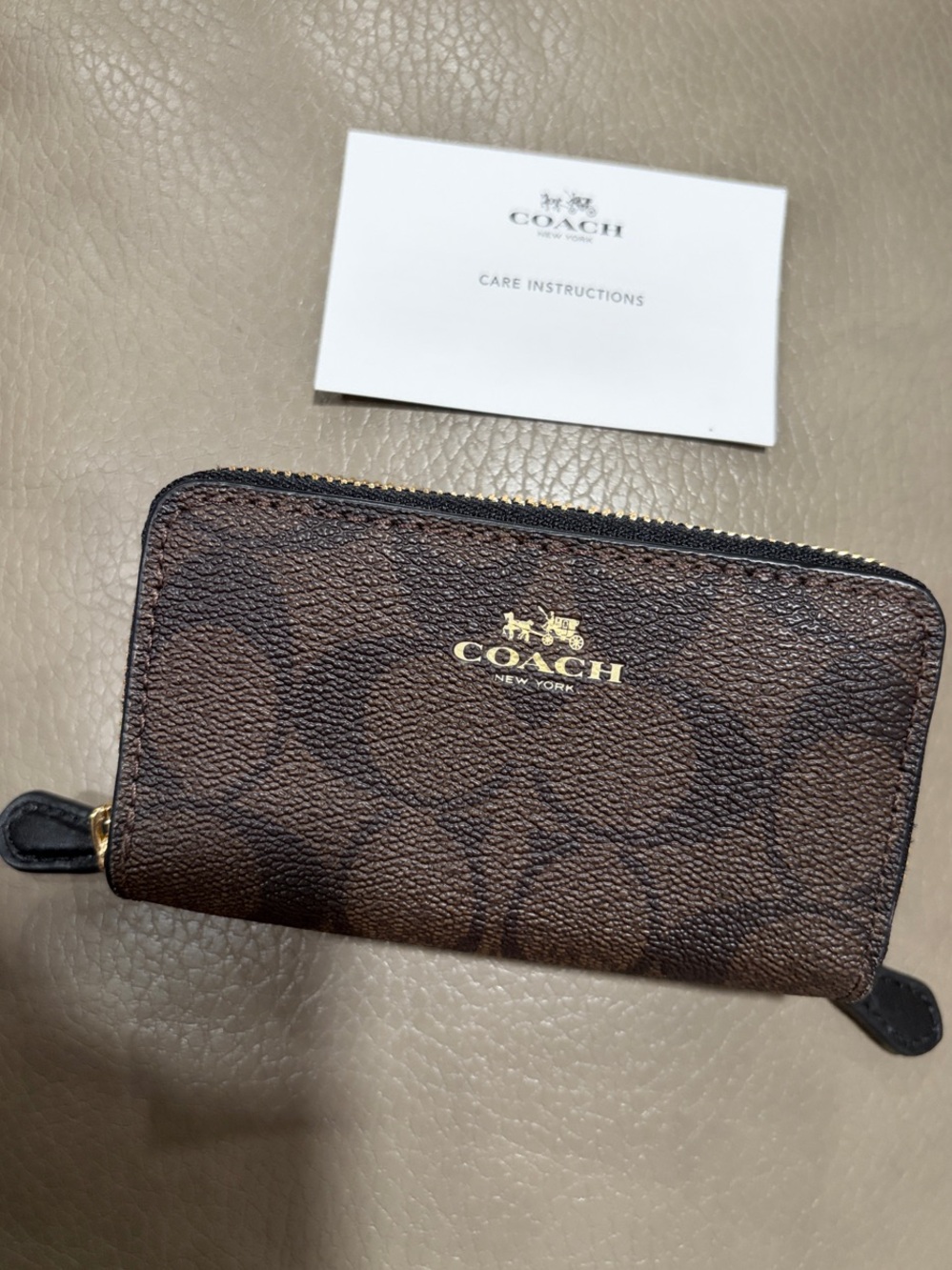 COACH Brown Signature Zip Card Case with Gold Logo